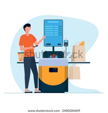A young guy buys goods in a store. Self-service checkout. Map and phone . Convenient equipment for quick shopping in stores and supermarkets.