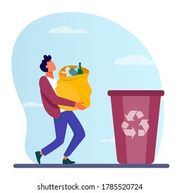 Young guy carrying bag with garbage to trash bin. Container, rubbish, junk flat vector illustration. Ecology and recycling concept for banner, website design or landing web page