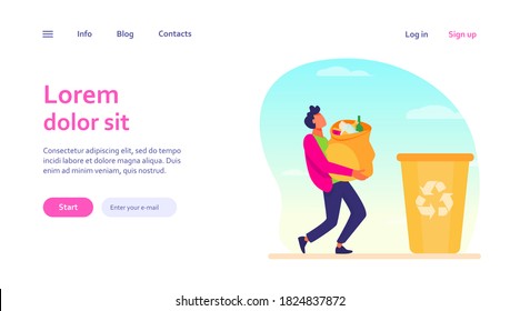 Young guy carrying bag with garbage to trash bin. Container, rubbish, junk flat vector illustration. Ecology and recycling concept for banner, website design or landing web page