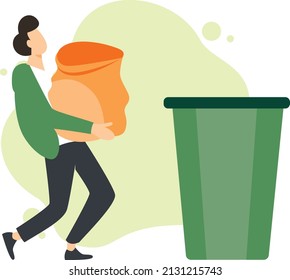 Young guy carrying heavy bag to trash