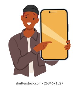 Jovem personagem de desenho animado anunciando nova oferta ou publicidade evento on-line segurando smartphone apontando dedo em tela vazia em branco. Homem animado apresentando aplicativo móvel ou ilustração vetor de venda