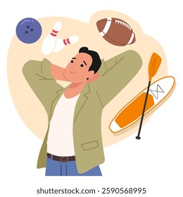 Young guy cartoon character dreaming about active sport lifestyle choosing physical recreation for health vector illustration. Man making decision to play bowling, american football or supboarding