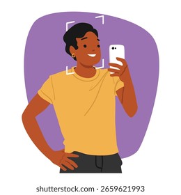 Personaje de dibujos animados de chico joven que mira la pantalla del dispositivo móvil usando la Ilustración vectorial de tecnología inteligente del App de escaneo de verificación de identidad facial. Sistema de Identificación biométrica para la seguridad de los datos personales