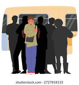 Personaje de dibujos animados de un chico joven que sufre de claustrofobia y ansiedad social en la Ilustración vectorial subterránea del metro abarrotada. Hombre temblando sintiéndose atrapado en el transporte público escena de ataque de pánico
