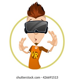 Young guy cartoon character wearing virtual reality goggles and feeling shocked