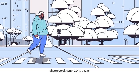 young guy in casual clothes crossing road man walking city street gen z lifestyle cityscape background