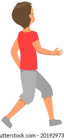 Young guy in casual clothing walking and looking back. Male character looks at something behind him. Back view of boy wearing shorts and t-shirt, vector illustration isolated on white background