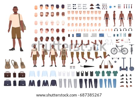 Young guy character constructor. Adult male creation set. Different postures, hairstyle, face, legs, hands, clothes, accessories collection. Vector cartoon illustration. Front, side, back view