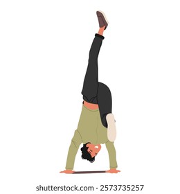 Young guy character demonstrating aerobics upside down trick showcasing emotional behavior and positive expression vector illustration. Millennial man feeling freedom, confidence and happiness