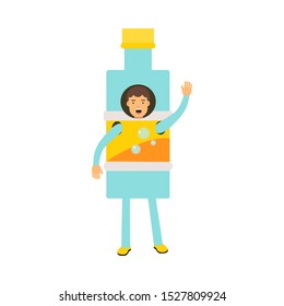 Young Guy Character Standing Wearing Juice Bottle Costume And Waving Hand Vector Illustration