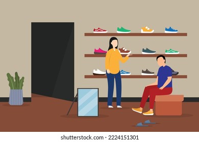 Young guy chooses new pair of sneakers 2d vector illustration concept for banner, website, illustration, landing page, flyer, etc