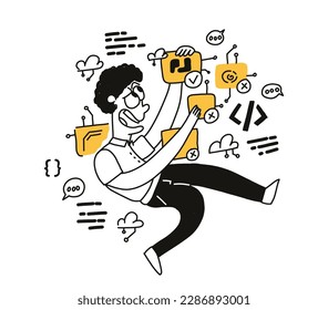 A young guy chooses to study the language. The concept of finding a suitable programming language. Vector flat illustration of line art is hand-drawn.