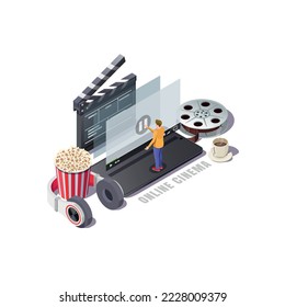 a young guy chooses a video on the phone, the concept of online entertainment and recreation. Vector isometric illustration isolated on white background