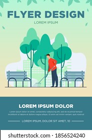 Young guy cleaning street from autumn leaves. Fall, bench, park flat vector illustration. Season and occupation concept for banner, website design or landing web page