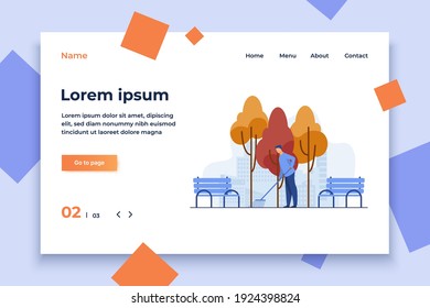 Young guy cleaning street from autumn leaves. Fall, bench, park flat vector illustration. Season and occupation concept for banner, website design or landing web page