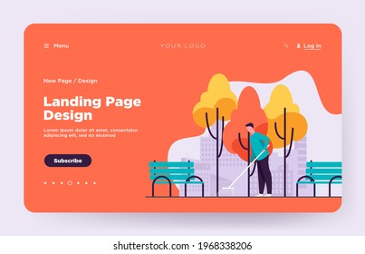 Young guy cleaning street from autumn leaves. Fall, bench, park flat vector illustration. Season and occupation concept for banner, website design or landing web page