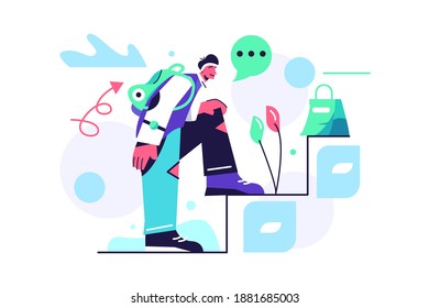 Young guy climbing stairs in flat style