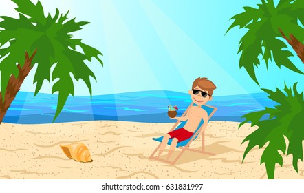 Young guy with a coconut cocktail in hand, resting in the lounger. Man on vacation. Beach and palm trees. The cartoon style.