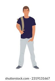 Colegio de chicos o estudiante universitario parado con mochila. Bonito personaje masculino vestido con ropa de verano de moda callejera casual. Ilustración vectorial realista aislada en fondo blanco