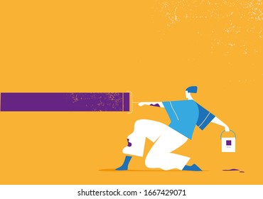 Young guy coloring the wall with paint roller. Space for text on the colorful wall - Vector