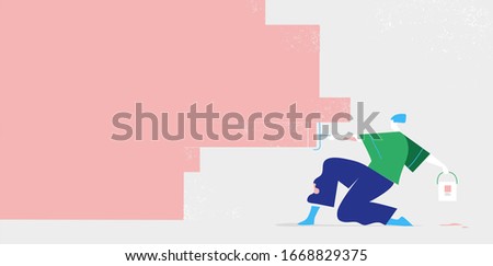 Young guy coloring the wall with paint roller. Space for text on the colorful wall - Vector