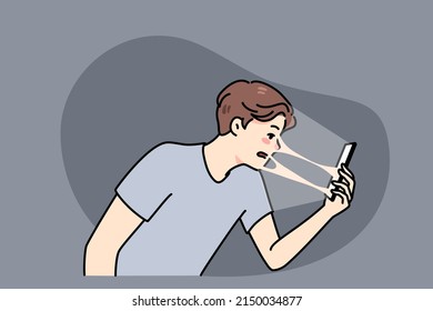 Un joven conectado a un smartphone sufre de un problema de adicción a la tecnología. Un hombre adicto al teléfono móvil y a los medios sociales, vinculado a la comunicación en línea. Ilustración vectorial plana. 