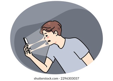 Junge, die mit Smartphone verbunden sind, leiden unter einem Problem der Technologieabhängigkeit. Mann süchtig nach Handy und sozialen Medien, gebunden an Online-Kommunikation. Flache Vektorgrafik.