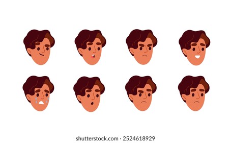 Young guy constructor. Pack of faces of men. Emotions and feelings. Kit of heads for creating animations. Hipster with brown hairs. Flat vector collection isolated on white background