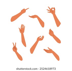 Young guy constructor. Pack of hands. Expressions and gesture. Kit of arms for creating animations. Hipster with brown hairs. Flat vector collection isolated on white background