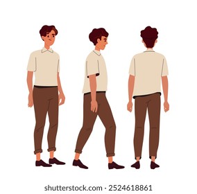 Young guy constructor. Pack of men in various angles. Emotions and feelings. Kit of poses for creating animations. Hipster with brown hairs. Flat vector collection isolated on white background