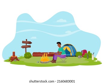 A young guy cooks marshmallows on a campfire. Summertime camping, hiking, camper, adventure time concept. Flat vector illustration for poster, banner, flyer