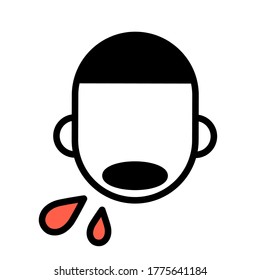 Young guy coughing blood, minimal black and white outline icon. Flat vector illustration. Isolated on white background.