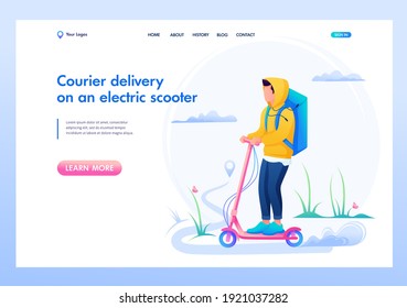 Joven Chico Courier, Entrega De Bienes En Una Motocicleta Eléctrica. Entrega rápida. Página de aterrizaje plana 2D.