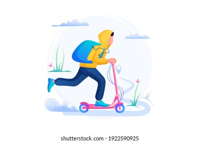 Young Guy Courier, Delivery Of Goods On An Electric Scooter. Flat 2D Web Design.