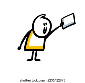 A young guy from the courier delivery holds out a letter with rising up hand and smiles. Vector illustration of email stickman figure.