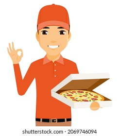 A young guy, a courier holding a box of pizza in his hand. Pizza delivery. Pizza seller. Flat style on a white background. Cartoon