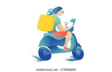 Young guy courier rides a scooter on a white background. A hipster with a fashionable haircut is carrying an order. Fast delivery concept.