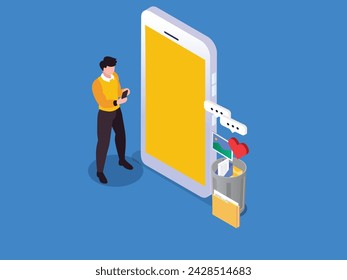 Young guy deleting unnecessary data from phone memory storage 3d isometric vector illustration