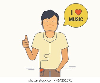Young guy demonstrates thumbs up he likes listen to music. Flat line illustration of satisfied young guy with like gesture showing his approval of something with thumbs up and speech bubble