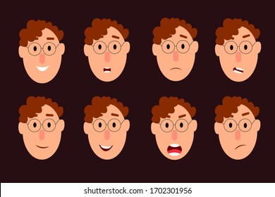 Young guy with different emotions. A character for your scenes. Vector illustration in flat design style.