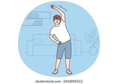 Young guy does warm-up while standing in home interior before jogging or doing sports. Man of student age in shorts and t-shirt leads healthy lifestyle doing stretching in morning. Flat vector image