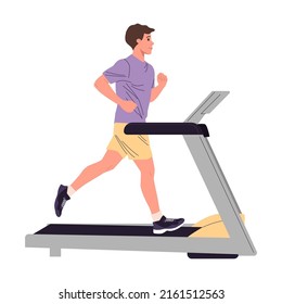 Young guy doing cardio exercises, weight lifting and yoga in gym vector illustration. Men and women performing fitness exercises in exercise class