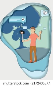 Young guy doing live streaming in street. Video blogging concept. Social media network blogger. Man is broadcasting live with his smartphone. .Fashionable papercut style vector illustration