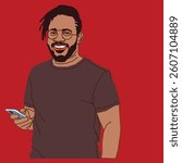young guy with a dreadlock hair holding a cell phone smiling