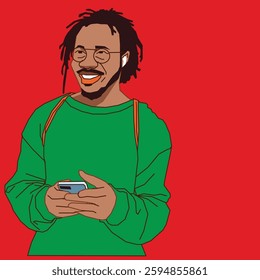 A young guy with dreadlock smiling holding a cell phone