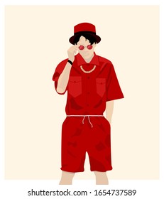 Un chico joven vestido con estilo en los vestíbulos rojos y en los vasos. Ilustración abstracta. Estilo de moda.