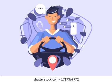 A young guy driving a car. Concept illustration of a carsharing or taxi service.
