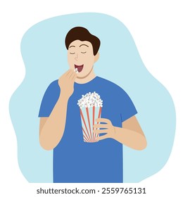 Young guy eating popcorn with eyes closed in pleasure, faceless illustration, flat style, isolate on white