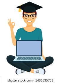 A young guy is educated online. Work, education and entertainment via the Internet. The guy sits with a laptop on his lap. Flat style on white background. Cartoon.