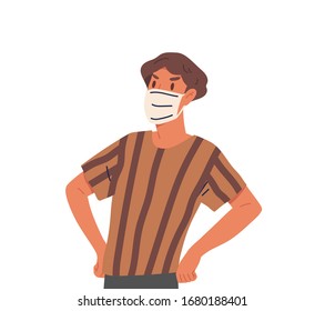 Young guy in face mask isolated on white background. Teen using virus preventive measures. Boy fight with epidemic disease. Coronavirus pandemic. Vector illusration in flat cartoon style